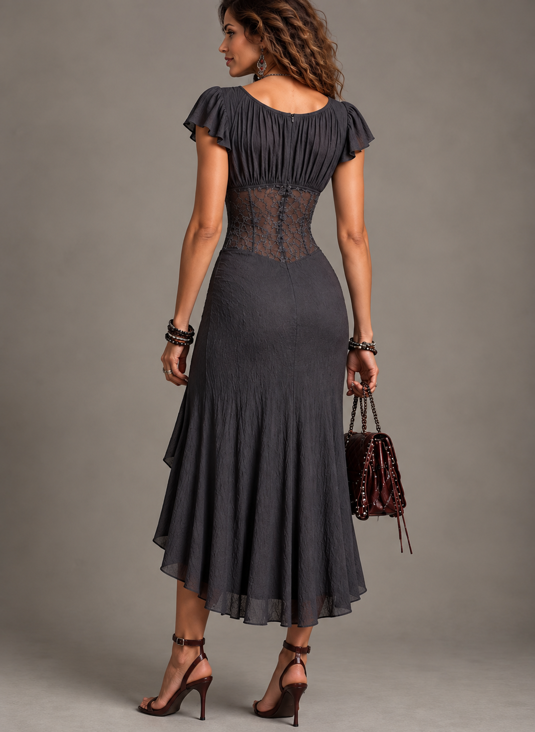 Carmen | Vestido Midi de Encaje y Chiffon con Escote en V, Gris Antracita