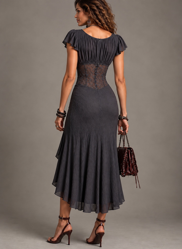 Carmen | Vestido Midi de Encaje y Chiffon con Escote en V, Gris Antracita