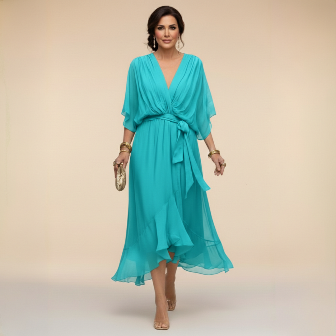 Olivia | Vestido Largo Fluido Con Cinturón y Mangas Vaporosas