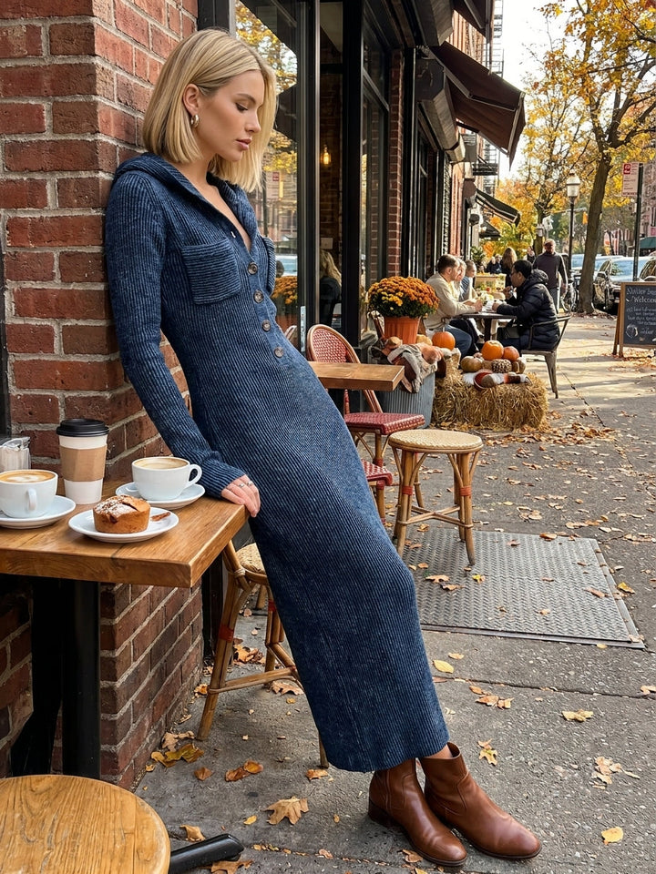 Vestido largo de punto con capucha, corte entallado para mujer