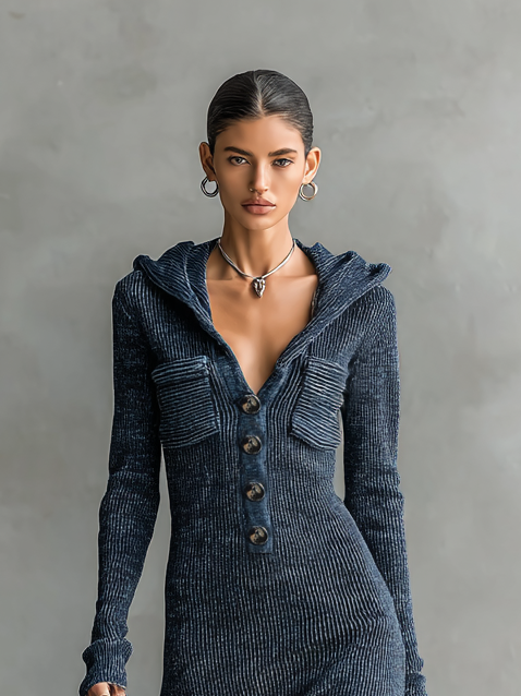 Vestido largo de punto con capucha, corte entallado para mujer