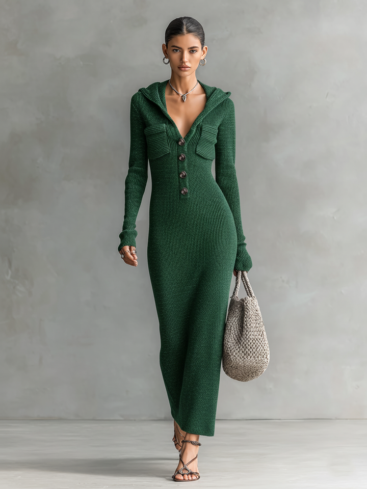 Vestido largo de punto con capucha, corte entallado para mujer