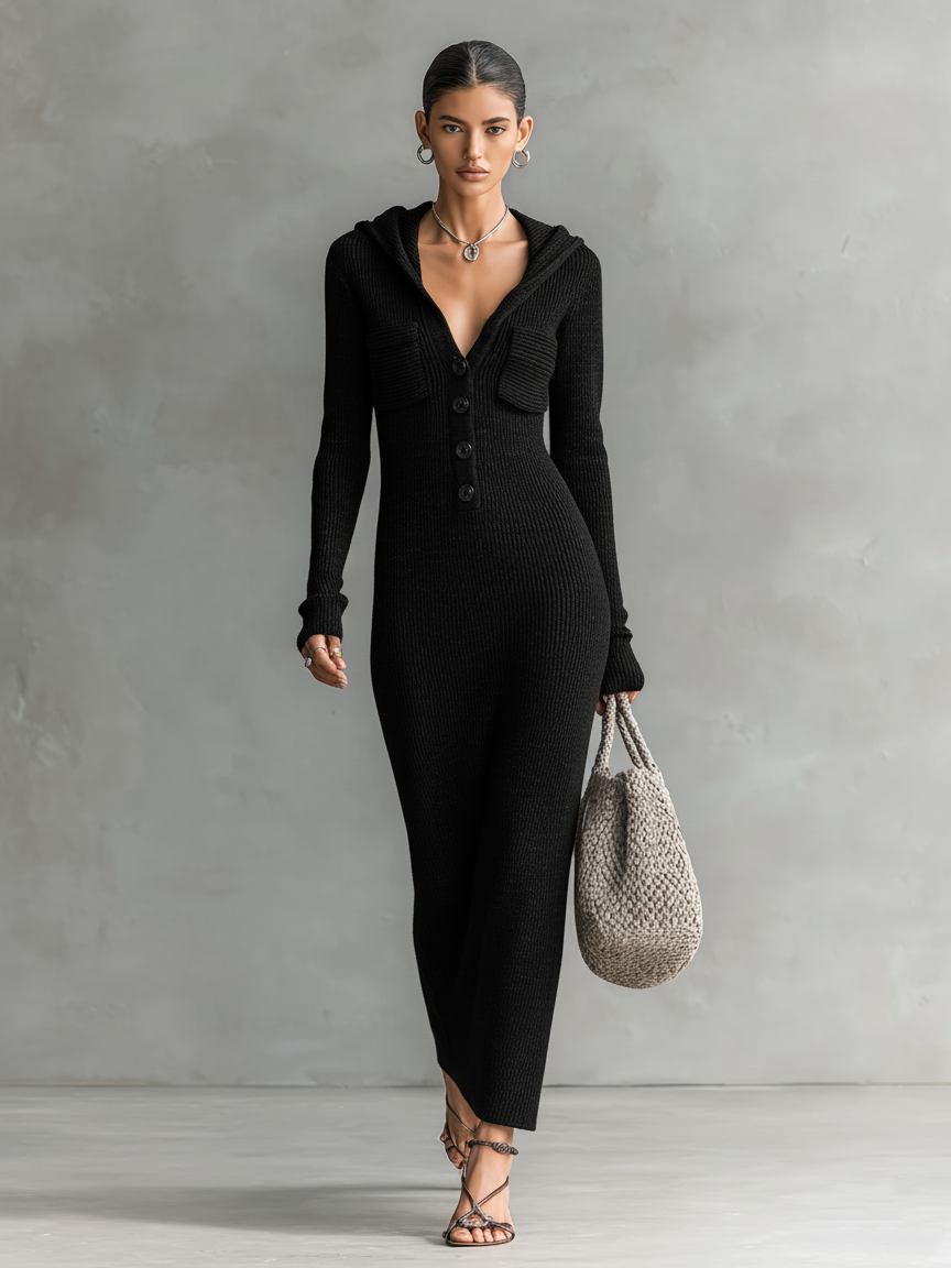 Vestido largo de punto con capucha, corte entallado para mujer