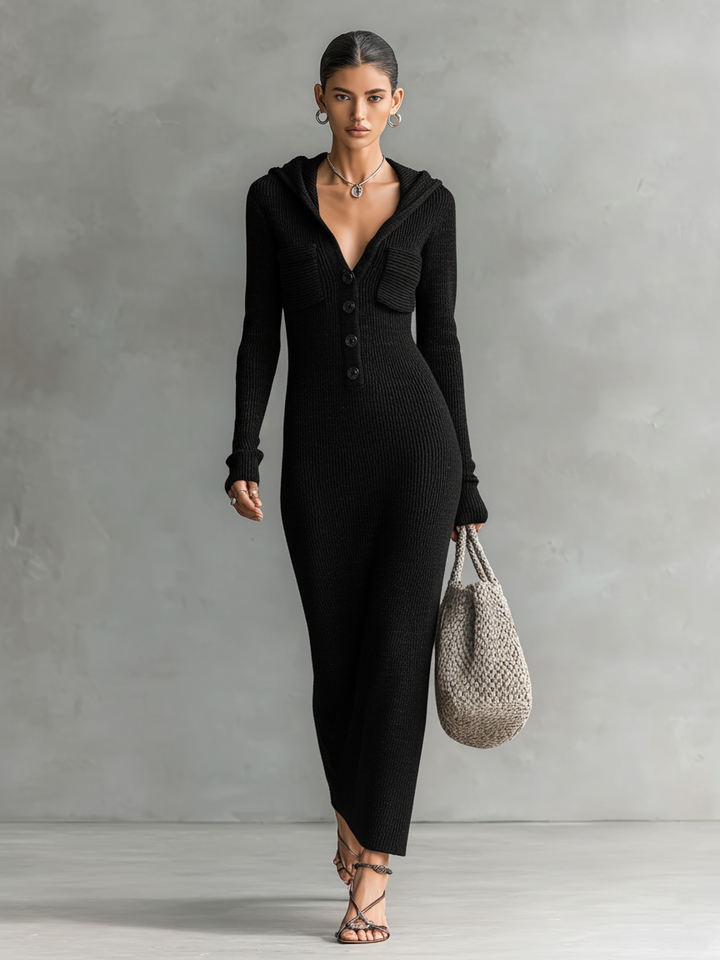 Vestido largo de punto con capucha, corte entallado para mujer