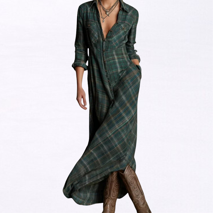 Noa | Vestido Camisero Largo de Cuadros Con Caída Fluida