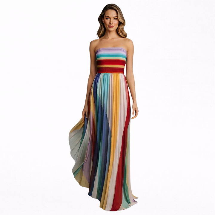 Alma | Vestido Largo Fluido Multicolor Con Escote Palabra de Honor