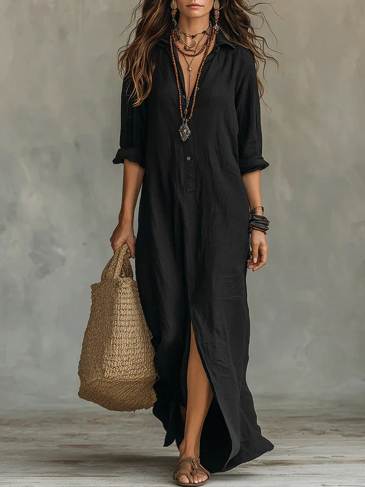 Céline™ | Vestido largo negro holgado con botones
