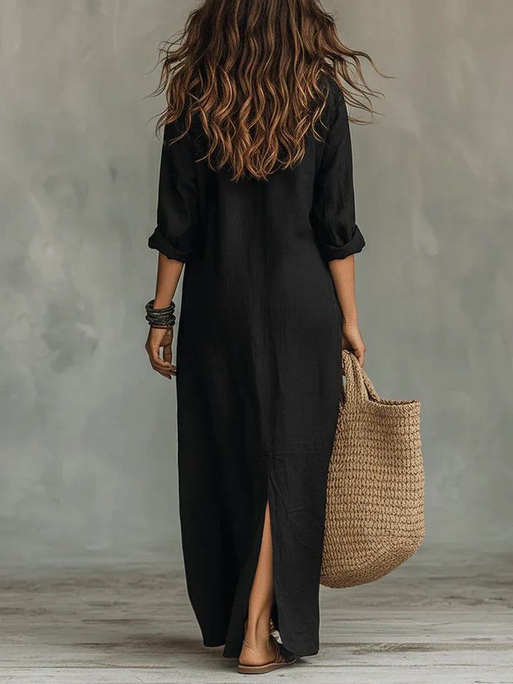 Céline™ | Vestido largo negro holgado con botones