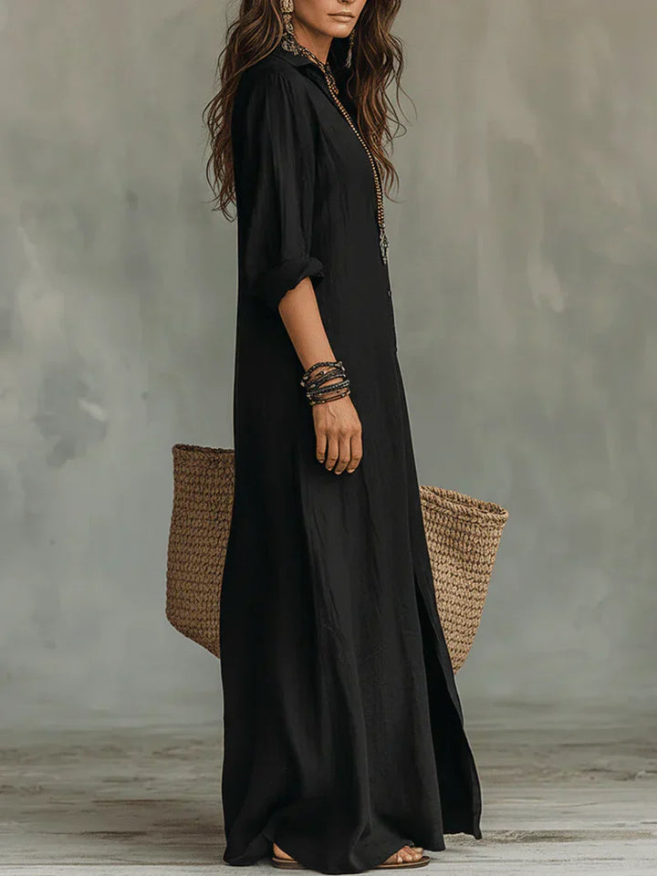 Selena™ | Vestido Maxi Negro Holgado con Botones