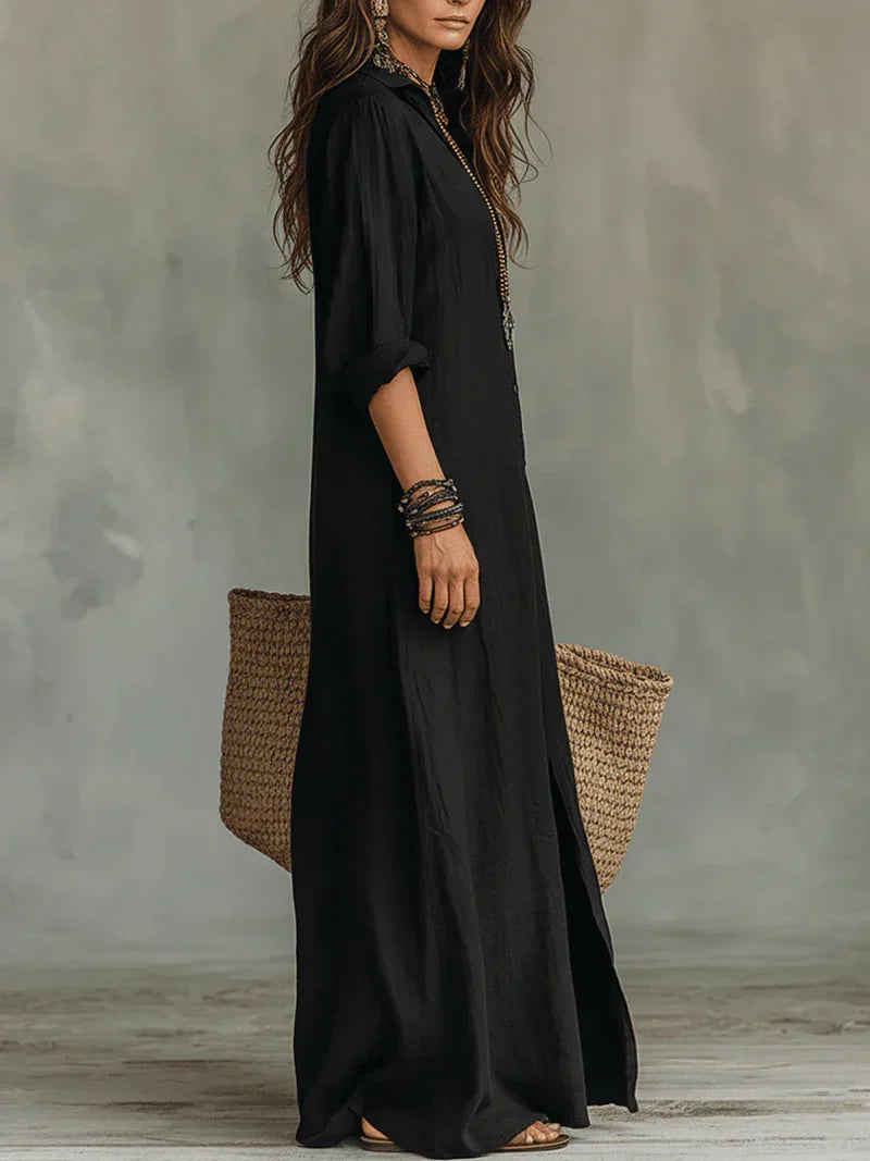 Céline™ | Vestido largo negro holgado con botones