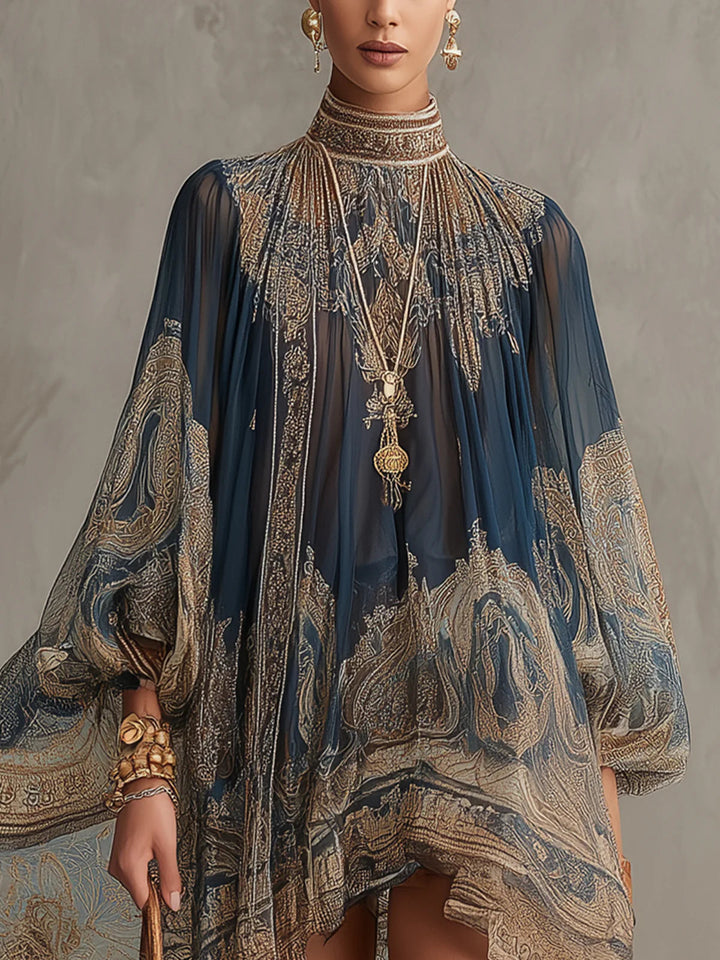 Francesca | Minivestido de gasa azul marino con estampado barroco dorado