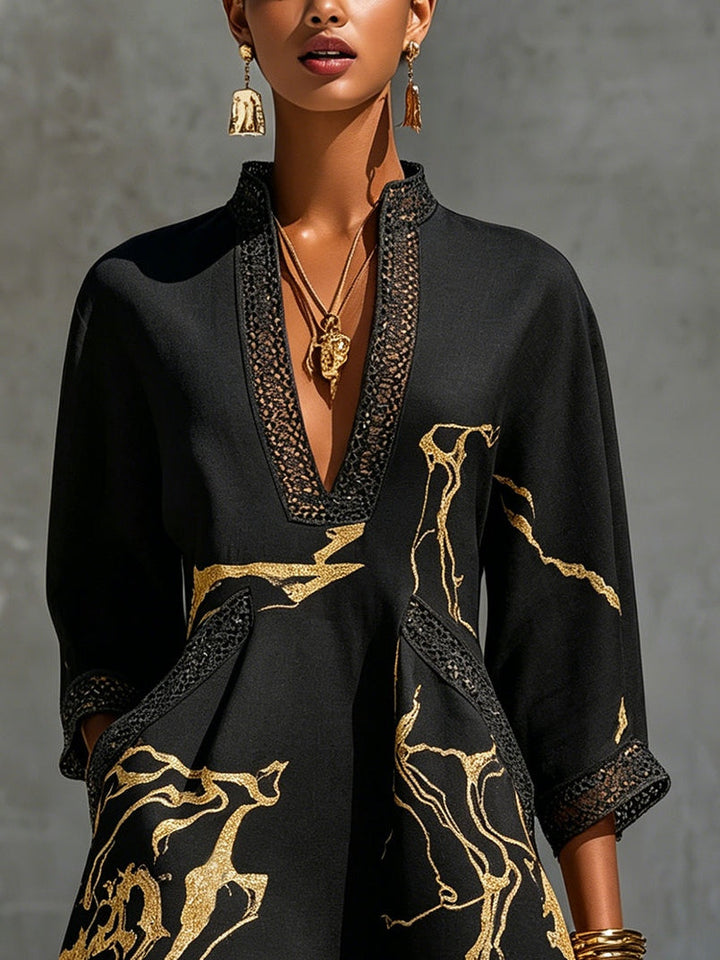 Ébène | Minivestido con escote en V y estampado negro y dorado