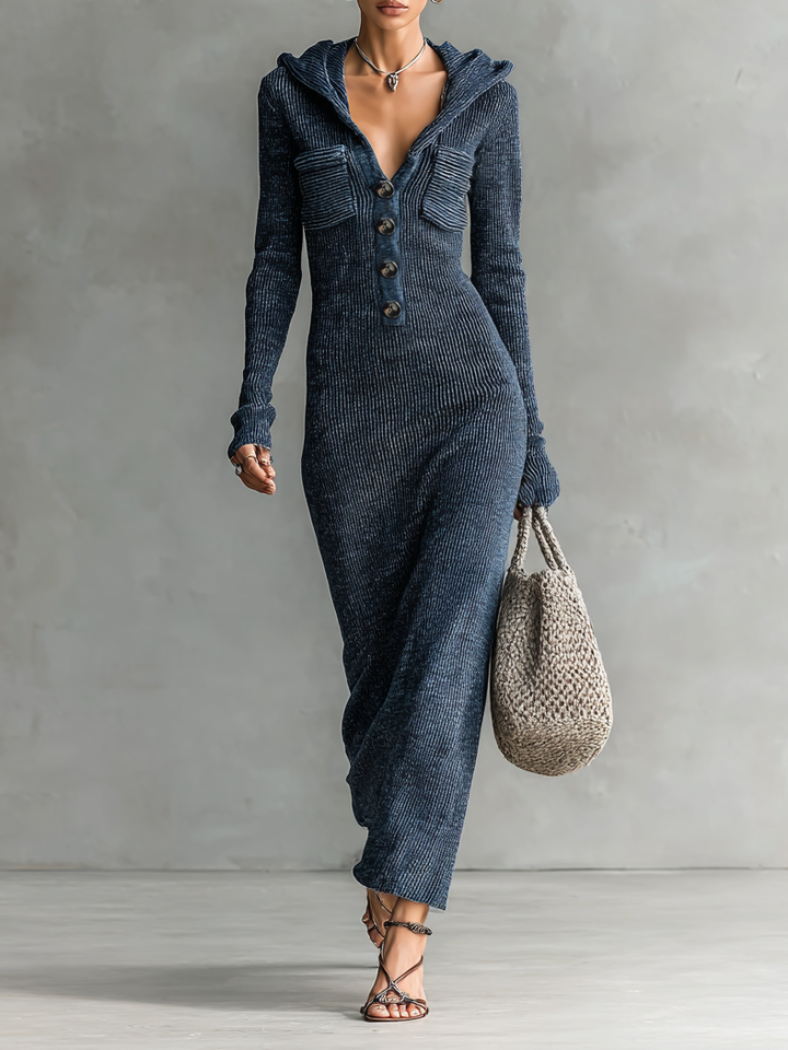 Vestido largo de punto con capucha, corte entallado para mujer