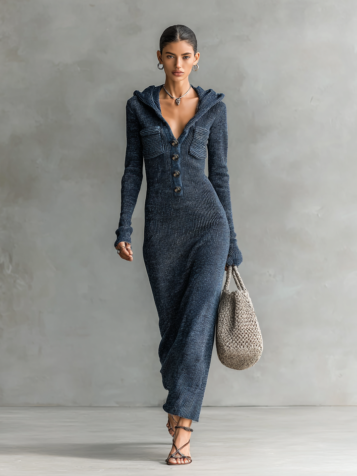 Vestido largo de punto con capucha, corte entallado para mujer